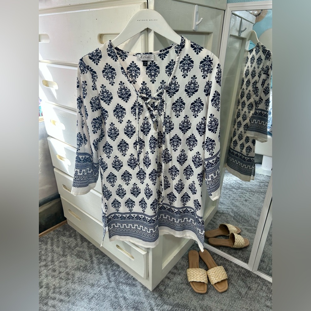 Coastal Medallion Print Tie-Neck Tunic Long Sleeve Swim Beach Cover up ✨